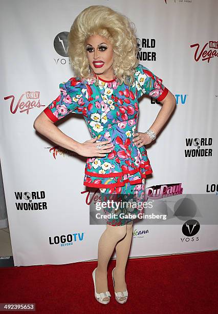 Cast member of season six of "RuPaul's Drag Race" Magnolia Crawford arrives at a viewing party for the show's finale at the New Tropicana Las Vegas...