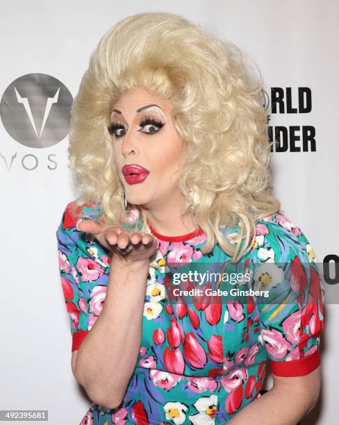 Cast member of season six of "RuPaul's Drag Race" Magnolia Crawford arrives at a viewing party for the show's finale at the New Tropicana Las Vegas...