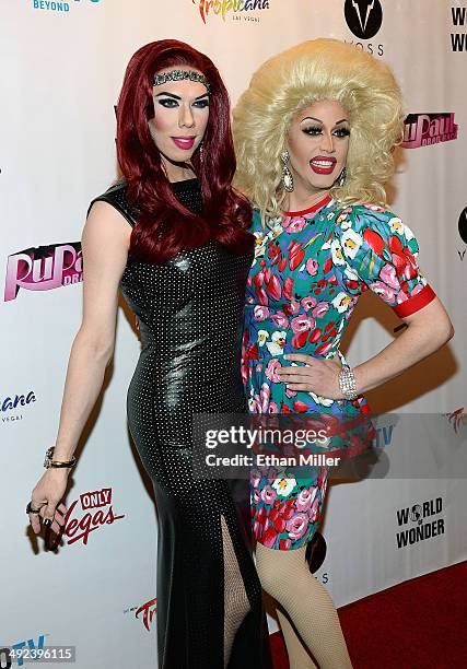 Cast members of season six of "RuPaul's Drag Race" Kelly Mantle and Magnolia Crawford arrive at a viewing party for the show's finale at the New...