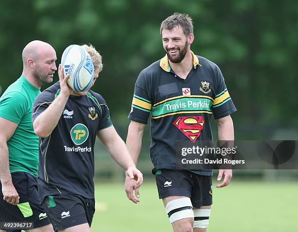 Tom Wood, who scored the match winning try against Leicester Tigers in the Aviva Premiership semi final match, wears the weekly Superman award shirt...