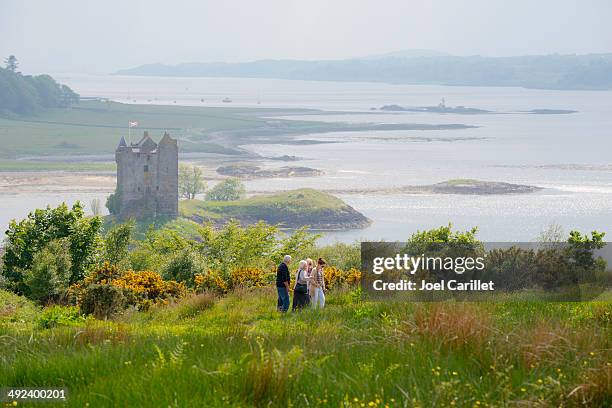 family at scotland's castle stalker - castle scotland woman stock pictures, royalty-free photos & images