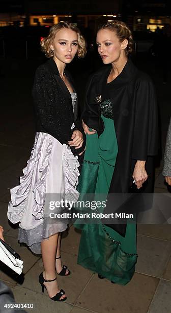 Lily-Rose Melody Depp and Vanessa Paradis attending the Chanel Exhibition Party at the Saatchi Gallery on October 12, 2015 in London, England.