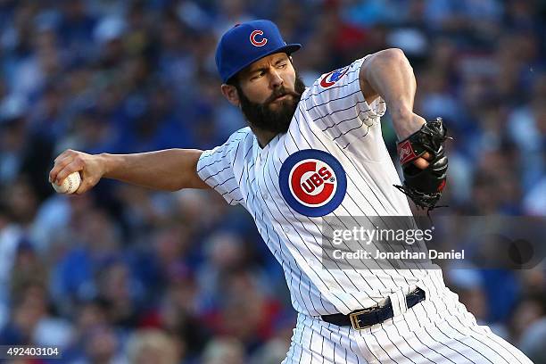 Jake Arrieta of the Chicago Cubs throws a pitch in the second inning against the St. Louis Cardinals during game three of the National League...