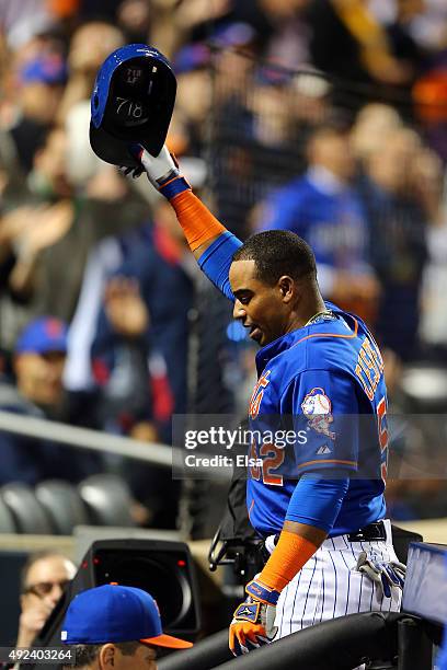 Yoenis Cespedes of the New York Mets celebrates with a curtain call after hitting a three run home run against Alex Wood of the Los Angeles Dodgers...