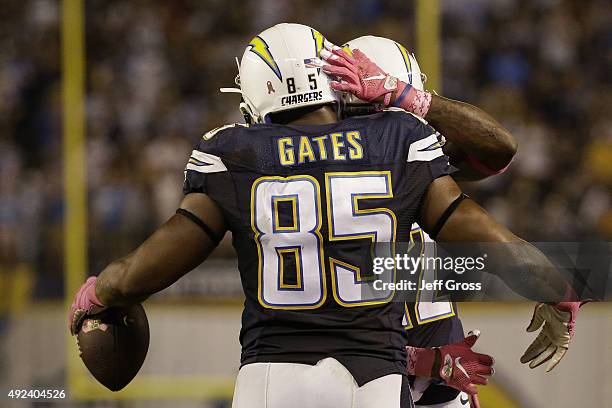 Tight end Antonio Gates of the San Diego Chargers celebrates after a touchdown reception against the Pittsburgh Steelers at Qualcomm Stadium on...