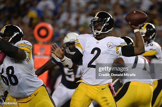 Quarterback Mike Vick of the Pittsburgh Steelers looks to pass against the San Diego Chargers defense at Qualcomm Stadium on October 12, 2015 in San...