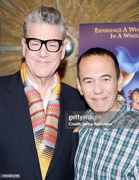 Jonathan Freeman and Gilbert Gottfried attend Disney's "Aladdin" Broadway Press Day at Crosby Street Hotel on October 12, 2015 in New York City.