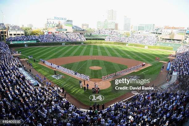 General view of Wrigley Field during the national anthem prior to game three of the National League Division Series between the Chicago Cubs and the...