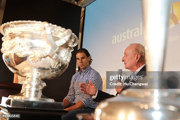 Tennis legend Rod Laver speaks by Rafael Nadal of Spain during the Australian Open 2016 Launch at The Shook on October 13, 2015 in Shanghai, China.