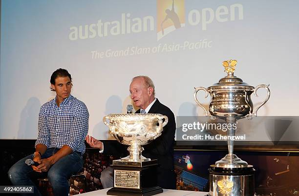 Tennis legend Rod Laver speaks by Rafael Nadal of Spain during the Australian Open 2016 Launch at The Shook on October 13, 2015 in Shanghai, China.