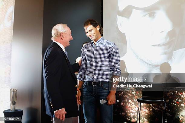 Tennis legend Rod Laver and Rafael Nadal of Spain chat during the Australian Open 2016 Launch at The Shook on October 13, 2015 in Shanghai, China.