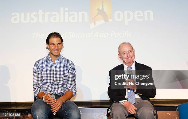 Rafael Nadal of Spain and tennis legend Rod Laver attend the Australian Open 2016 Launch at The Shook on October 13, 2015 in Shanghai, China.