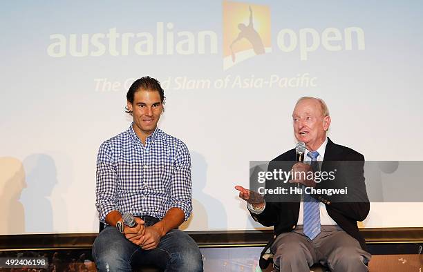 Rafael Nadal of Spain and tennis legend Rod Laver attend the Australian Open 2016 Launch at The Shook on October 13, 2015 in Shanghai, China.