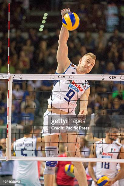 Ivan Zaytsev , spikes the ball during CEV Volleyball European Championship pool B match between France and Italy at Torino Palavela Arena.