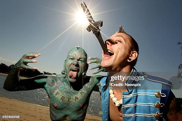 Erik Sprague, aka 'The Lizard Man', and Chayne Hultgren, aka 'The Space Cowboy' promote the Buskers by the Creek festival at Currumbin Creek on the...