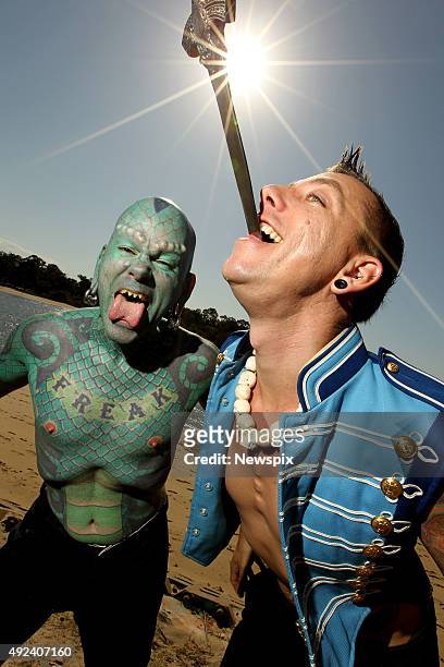 Erik Sprague, aka 'The Lizard Man', and Chayne Hultgren, aka 'The Space Cowboy' promote the Buskers by the Creek festival at Currumbin Creek on the...