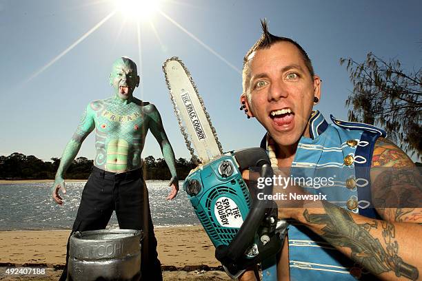 Erik Sprague, aka 'The Lizard Man', and Chayne Hultgren, aka 'The Space Cowboy' promote the Buskers by the Creek festival at Currumbin Creek on the...