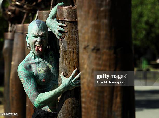 Erik Sprague, aka 'The Lizard Man', promotes the Buskers by the Creek festival at Currumbin Creek on the Gold Coast, Queensland.