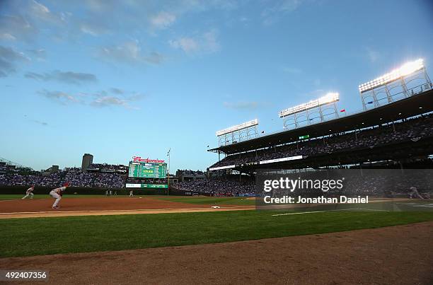 General view of Wrigley Field during game three of the National League Division Series betweent he Chicago Cubs and the St. Louis Cardinals on...