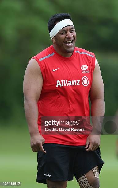 Mako Vunipola, the Saracens prop laughs during the Saracens training session on May 20, 2014 in St Albans, England.