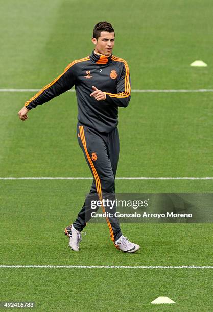 Cristiano Ronaldo of Real Madrid CF excersises without his team-mates during a training session pn the Real Madrid media day, ahead of the UEFA...