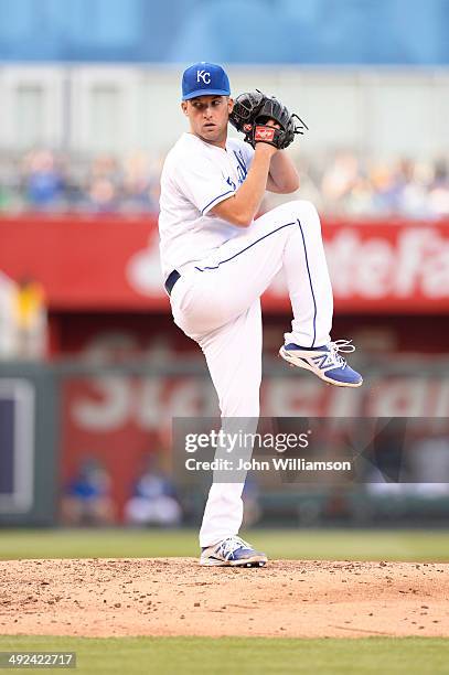 Danny Duffy of the Kansas City Royals pitches against the Detroit Tigers on May 3, 2014 at Kauffman Stadium in Kansas City, Missouri. The Detroit...