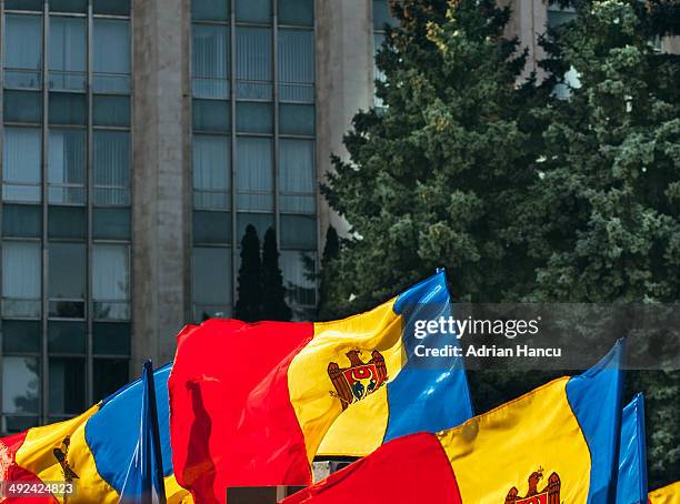 national flags of moldova in front of government - chisinau imagens e fotografias de stock