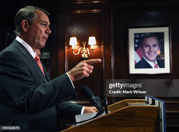 House Speaker John Boehner speaks to the media on Capitol Hill, May 20, 2014 in Washington, DC. Speaker Boehner spoke to reporters after attending a...