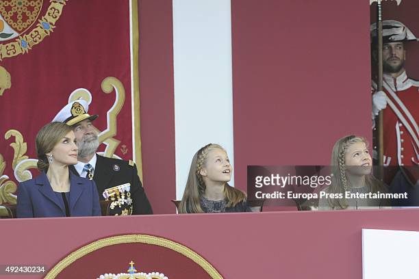 Queen Letizia of Spain, Princess Sofia and Princess Leonor attend the National Day Military Parade 2015 on October 12, 2015 in Madrid, Spain.