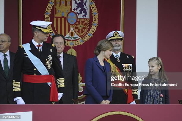 King Felipe of Spain, Queen Letizia of Spain and Princess Leonor attend the National Day Military Parade 2015 on October 12, 2015 in Madrid, Spain.