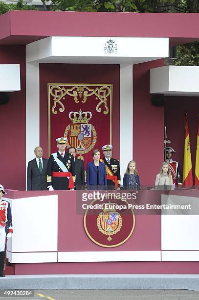 King Felipe of Spain, Queen Letizia of Spain, Princess Sofia and Princess Leonor attend the National Day Military Parade 2015 on October 12, 2015 in...