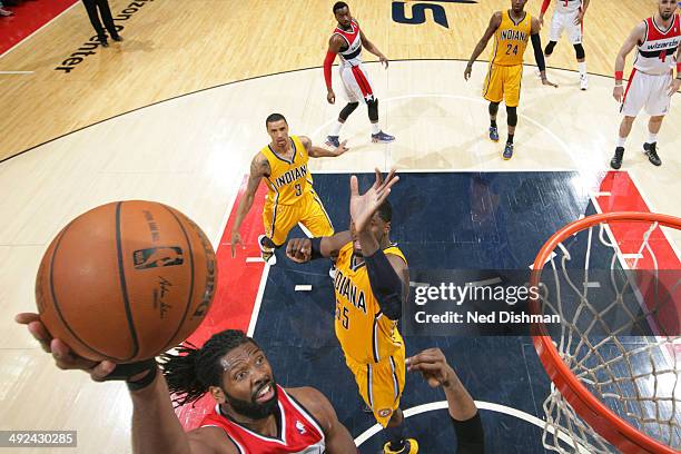 Nene Hilario of the Washington Wizards drives to the basket against the Indiana Pacers in Game Six of the Eastern Conference Semifinals during the...