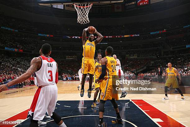 Lance Stephenson of the Indiana Pacers grabs a rebound against the Washington Wizards in Game Six of the Eastern Conference Semifinals during the...