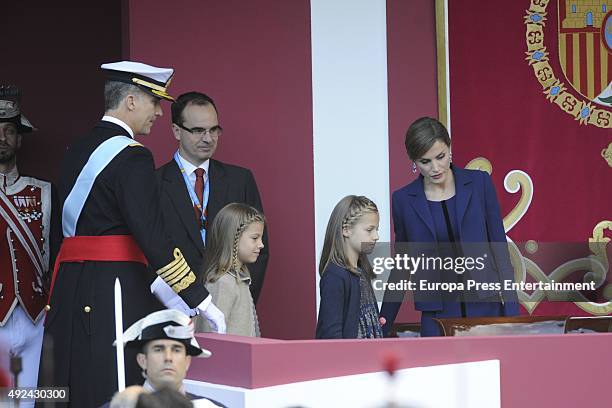 Mariano Rajoy , King Felipe of Spain, Queen Letizia of Spain, Princess Sofia and Princess Leonor attend the National Day Military Parade 2015 on...