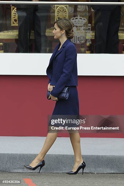 Queen Letizia of Spain attends the National Day Military Parade 2015 on October 12, 2015 in Madrid, Spain.