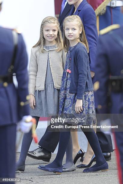 Princess Sofia and Princess Leonor attend the National Day Military Parade 2015 on October 12, 2015 in Madrid, Spain.