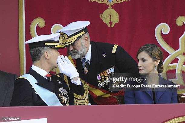 King Felipe of Spain and Queen Letizia of Spain attend the National Day Military Parade 2015 on October 12, 2015 in Madrid, Spain.