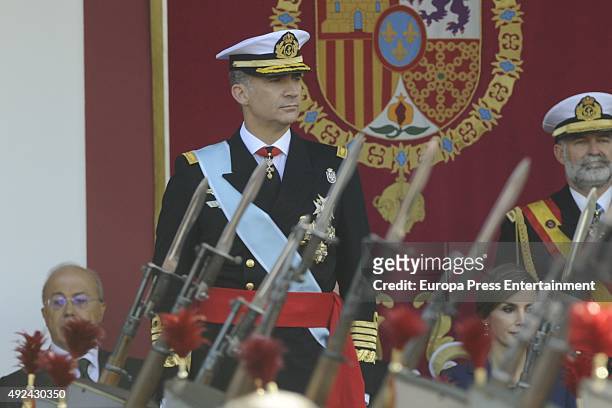King Felipe of Spain attends the National Day Military Parade 2015 on October 12, 2015 in Madrid, Spain.