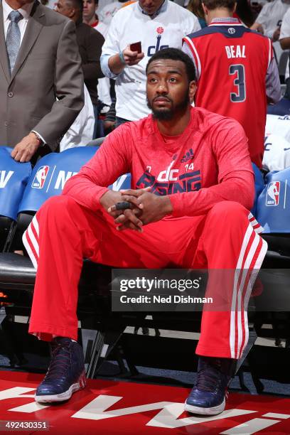 John Wall of the Washington Wizards sits on the bench before the game against the Indiana Pacers in Game Six of the Eastern Conference Semifinals...