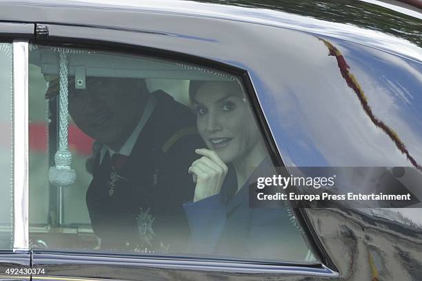 King Felipe of Spain and Queen Letizia of Spain attend the National Day Military Parade 2015 on October 12, 2015 in Madrid, Spain.