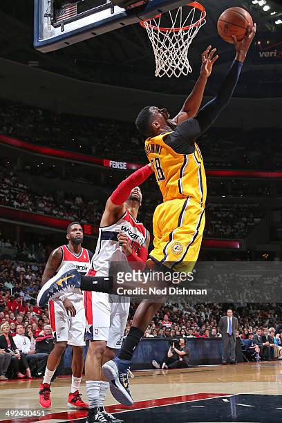 Ian Mahinmi of the Indiana Pacers drives to the basket against the Washington Wizards in Game Six of the Eastern Conference Semifinals during the...