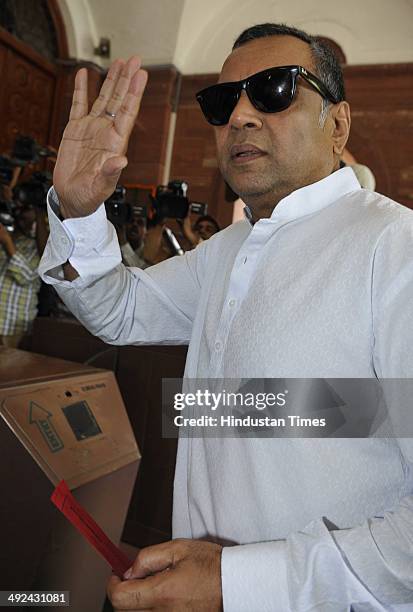 Newly elected BJP MP and film star Paresh Rawal after the BJP Parliamentary party meeting at Parliament House on May 20, 2014 in New Delhi, India....