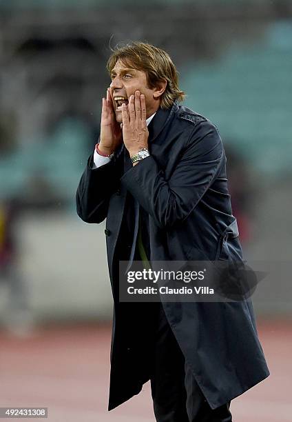 Head coach of Italy Antonio Conte reacts during the UEFA Euro 2016 qualifying football match between Azerbaijan and Italy at Olympic Stadium on...