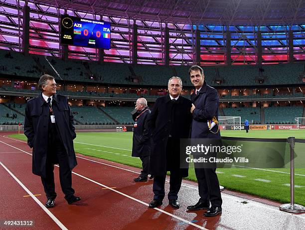 General Director FIGC Michele Uva and Claudio Lotito attend prior to the UEFA Euro 2016 qualifying football match between Azerbaijan and Italy at...