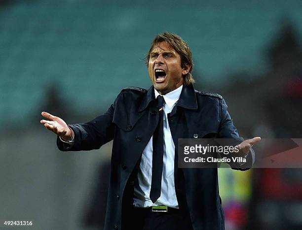 Head coach of Italy Antonio Conte reacts during the UEFA Euro 2016 qualifying football match between Azerbaijan and Italy at Olympic Stadium on...
