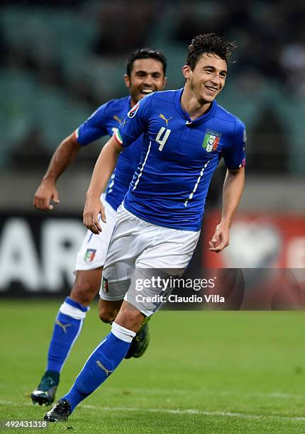 Matteo Darmian of Italy celebrates after scoring the third goal during the UEFA Euro 2016 qualifying football match between Azerbaijan and Italy at...