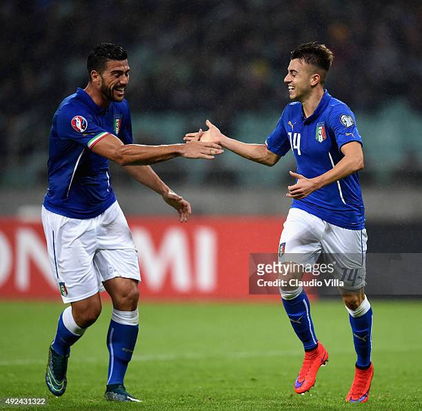 Stephan El Shaarawy of Italy celebrates after scoring the second goal during the UEFA Euro 2016 qualifying football match between Azerbaijan and...