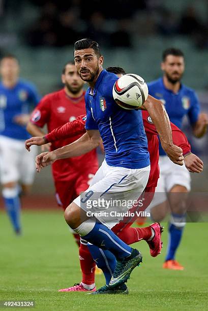 Graziano Pelle of Italy in action during the UEFA Euro 2016 qualifying football match between Azerbaijan and Italy at Olympic Stadium on October 10,...