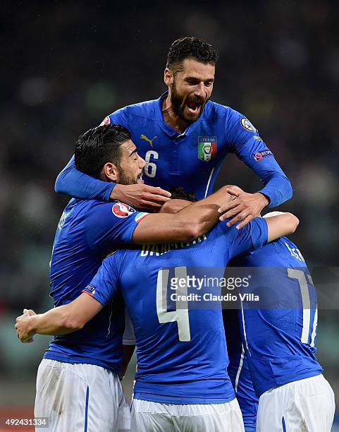 Matteo Darmian of Italy celebrates after scoring the third goal during the UEFA Euro 2016 qualifying football match between Azerbaijan and Italy at...