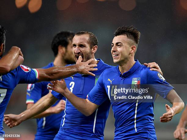 Stephan El Shaarawy of Italy celebrates after scoring the second goal during the UEFA Euro 2016 qualifying football match between Azerbaijan and...